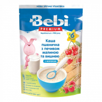 Дитяча каша Bebi Premium молочна пшенична з печивом малиною та вишнею +6 міс. (8606019654320)