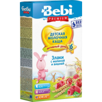 Дитяча каша Bebi Premium молочна Злаки з малиною і вишнею +6 міс. 200 г (3838471016636)