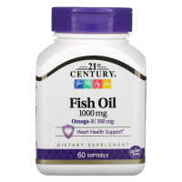 Жирні кислоти 21st Century Риб'ячий жир, 1000 мг, Fish Oil, 60 желатинових капсул (CEN-21495)