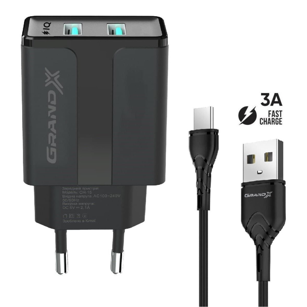 Зарядний пристрій Grand-X CH-15T 5V 2,1A USB Black + cable USB -> Type C, Cu, 4A, TPE (CH-15T)