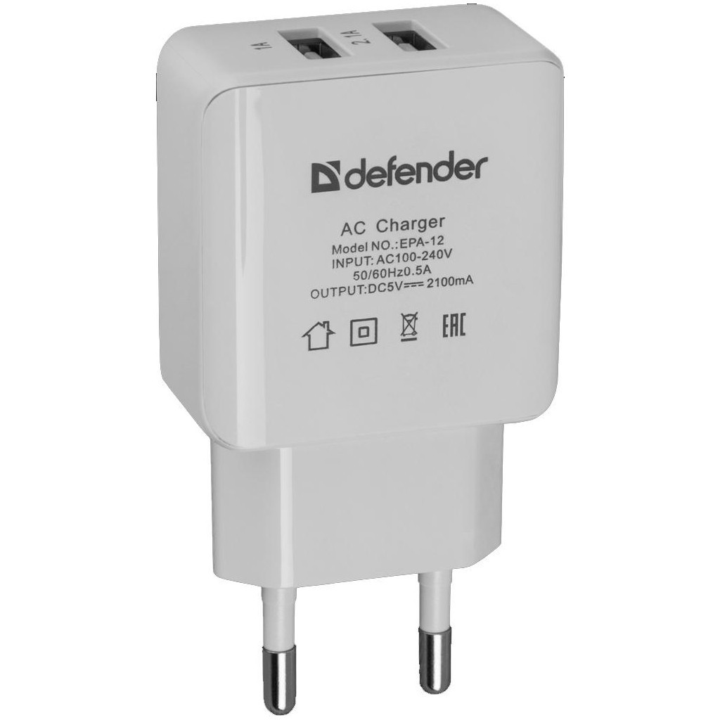 Зарядний пристрій Defender EPA-12 USB*2, 5V/2А+1A, White (83530)