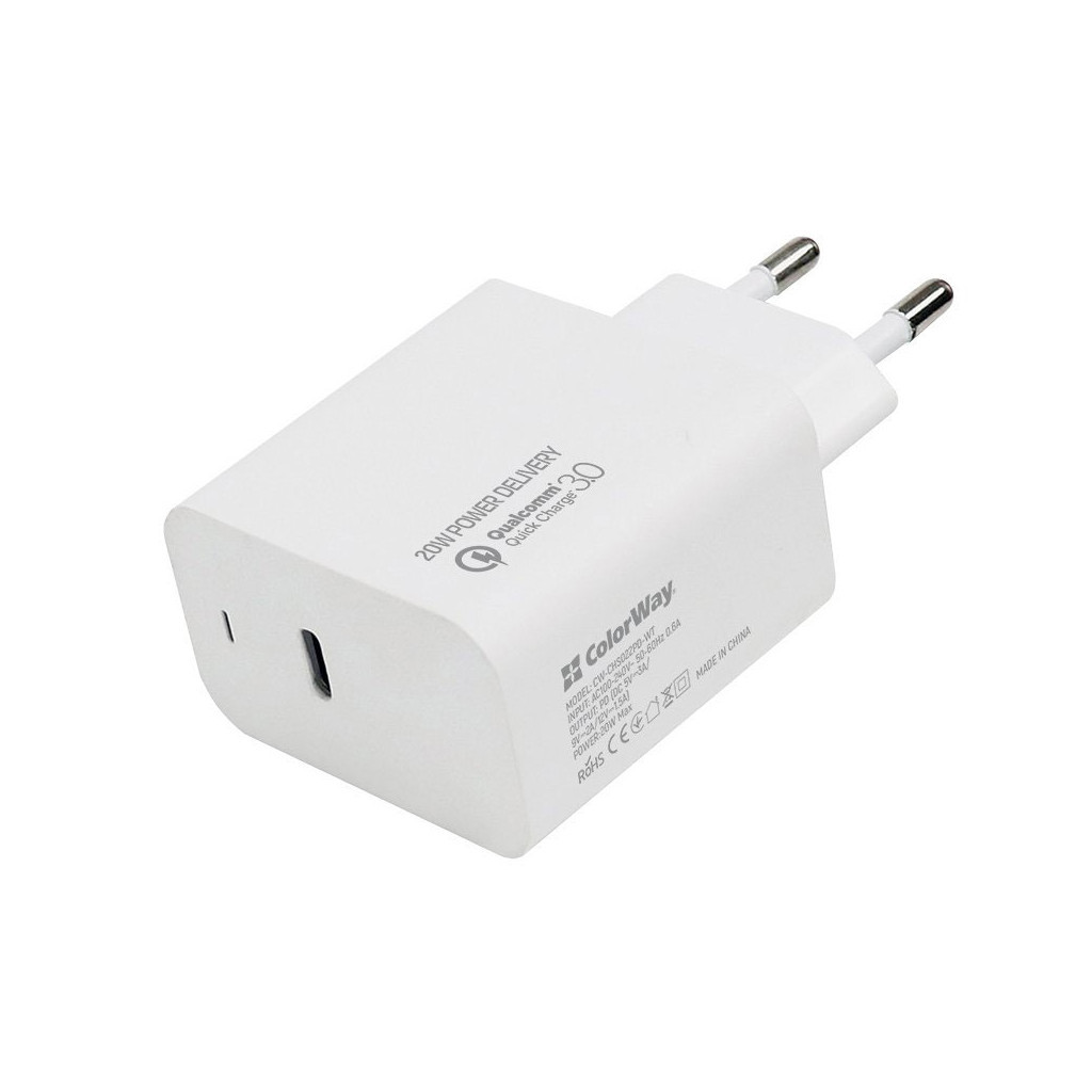 Зарядний пристрій ColorWay Power Delivery Port USB Type-C (20W) white (CW-CHS023PD-WT)