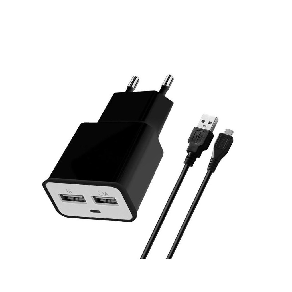 Зарядний пристрій Florence 2*USB, 2.0A + cable microUSB Black (FW-2U020B-M)