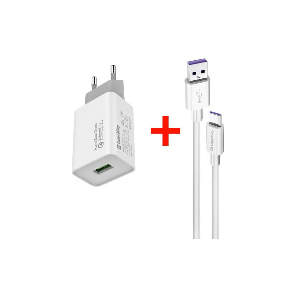 Зарядний пристрій ColorWay 1USB Huawei SC 3.0, 4A (20W) WT + cable USB Type-C 5.0А Fast (CW-CHS014Q-WT-CBU)