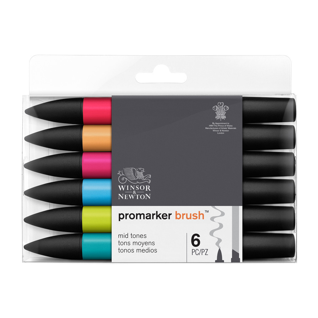 Маркер Winsor&Newton набір двосторонніх маркерів Brushmarker Середні тони, 6 шт (884955070499)