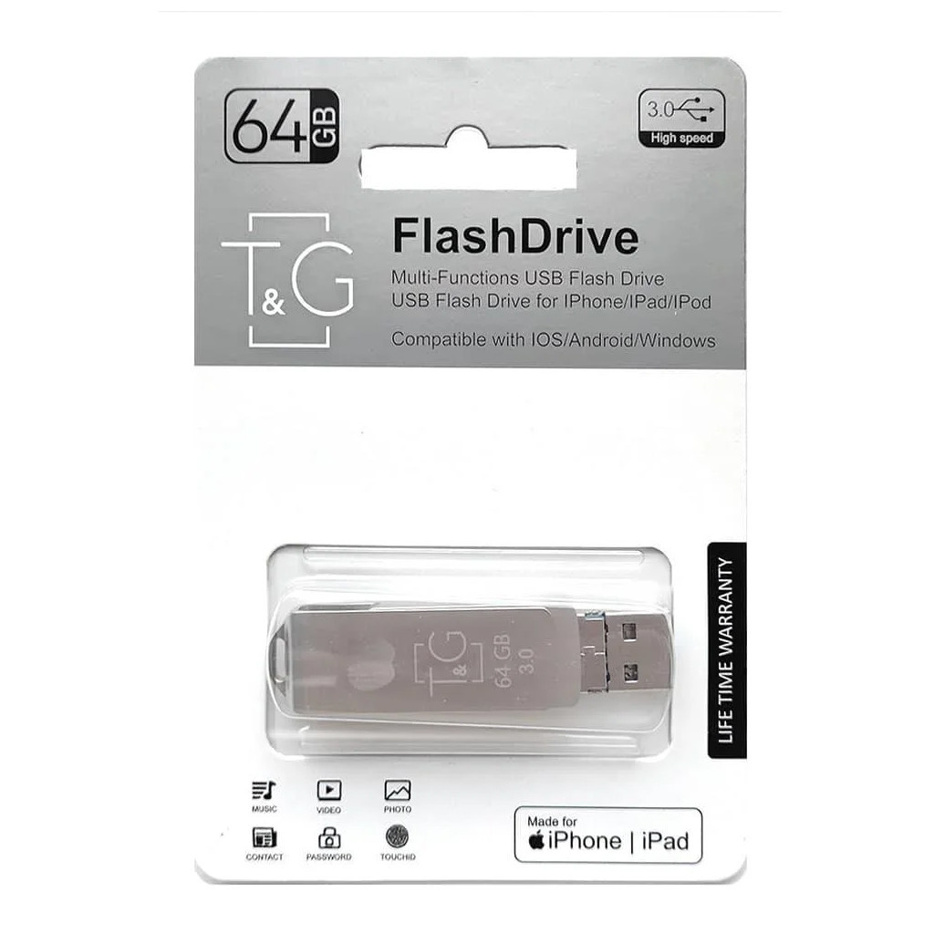 USB флеш накопичувач T&G 64GB 004 Metal Series USB 3.0/Lightning (TG004IOS-64G3)