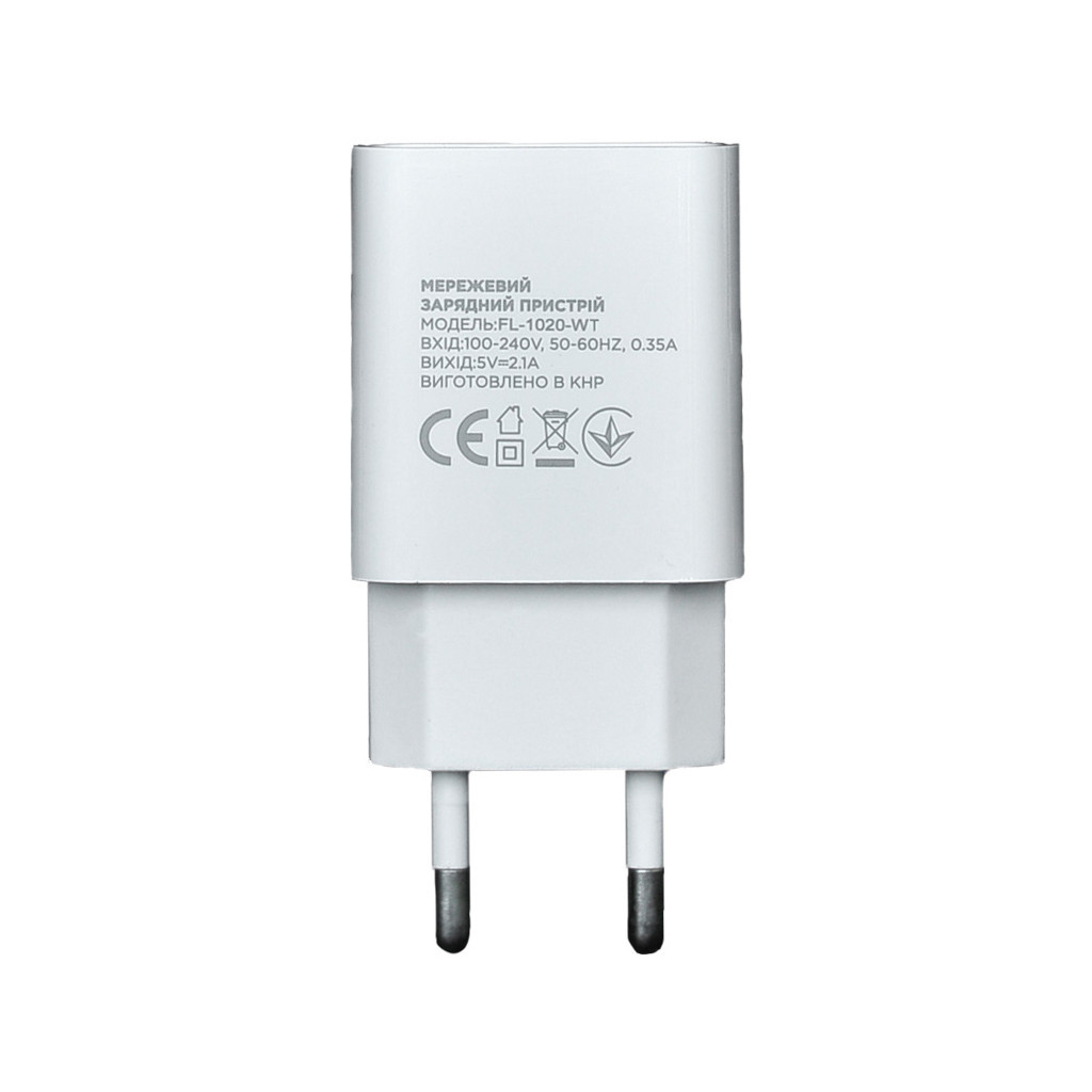 Зарядний пристрій Florence 1USB 2A + Type-C cable white (FL-1020-WT)