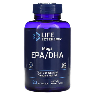 Жирні кислоти Life Extension Риб'ячий жир з мега ЕПК/ДГК, Mega EPA/DHA, 120 гелевих капсул (LEX-19371)