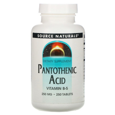 Вітамін Source Naturals Пантотенова кислота, Pantothenic Acid, Вітамін В-5, 250 мг, 250 та (SN0512)