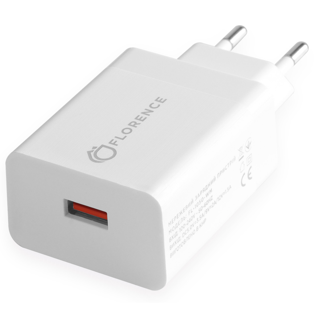 Зарядний пристрій Florence 1USB QC 3.0 + microUSB cable White (FL-1050-WM)