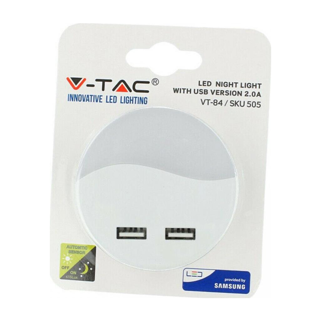 Світильник V-TAC SKU-505, 0.4W, LED Night Light USB Round 3000K (3800157645010)