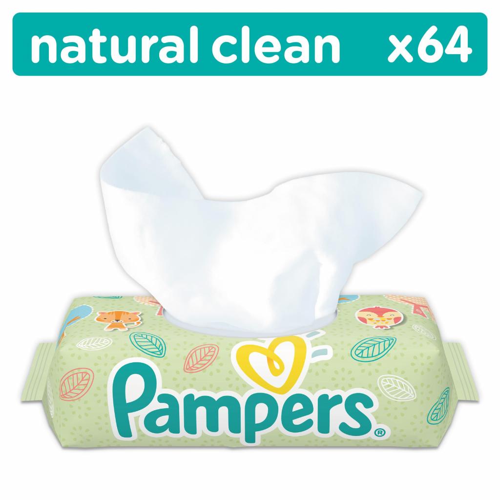 Дитячі вологі серветки Pampers Natural Clean 64шт (4015400636830)