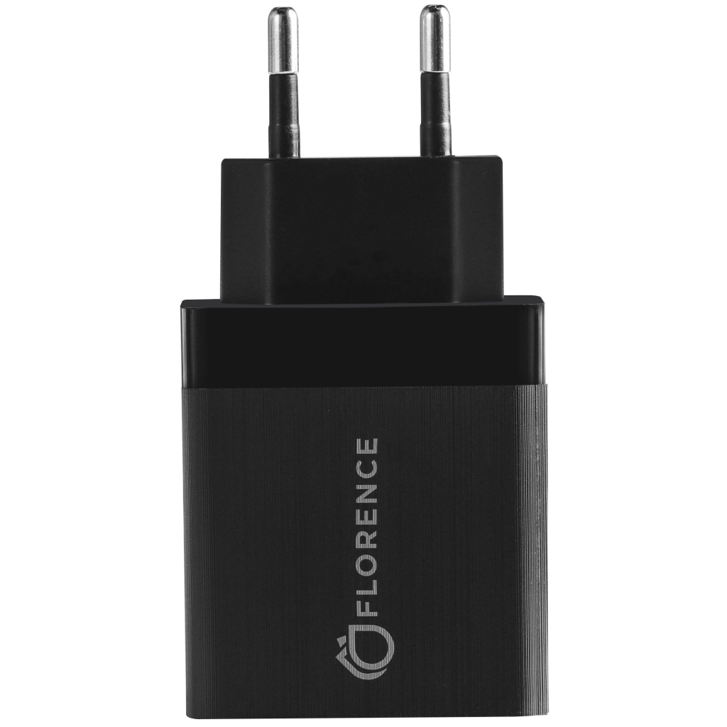 Зарядний пристрій Florence 1USB QC 3.0 + Type-C cable Black (FL-1050-KT)