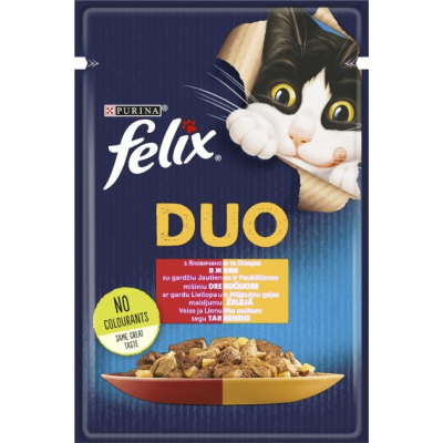 Вологий корм для кішок Purina Felix Fantastic Duo з яловичиною та птицею шматочки в желе 85 г (7613287027597)