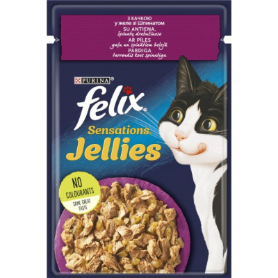 Вологий корм для кішок Purina Felix Sensations Jellies з качкою та шпинатом у желе 85 г (7613039831281)