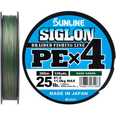 Шнур Sunline Siglon PE н4 300m 1.5/0.209mm 25lb/11.0kg Dark Green (1658.09.48)