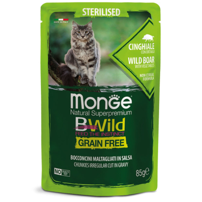 Вологий корм для кішок Monge Cat Bwild GR.FREE Wet Sterilised м'ясо дикого кабана з овочами 85 г (8009470012805)