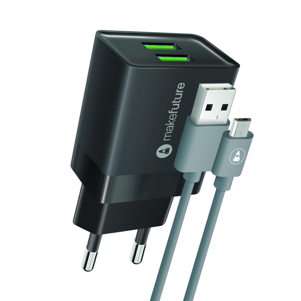 Зарядний пристрій MakeFuture 2.4A 2USB Auto-ID Black + кабель MicroUSB (MCWC-M22BK)