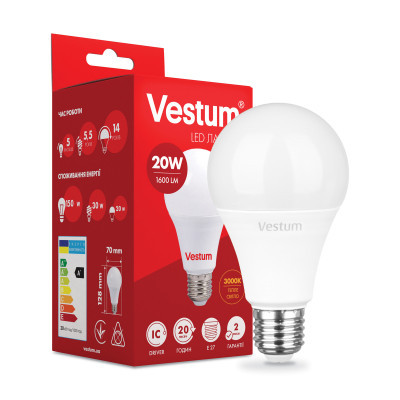 Лампочка Vestum A70 20W 3000K 220V E27 (1-VS-1110)