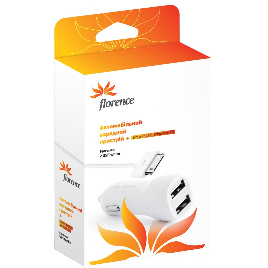 Зарядний пристрій Florence 2*USB, 2.1A + cable iPhone 4/4S (CC21-IPH4)