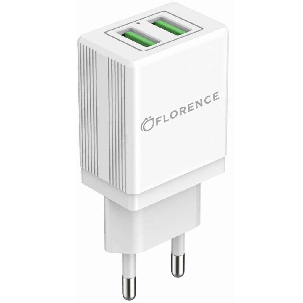 Зарядний пристрій Florence 2USB 2A + Type-C cable white (FL-1021-WT)