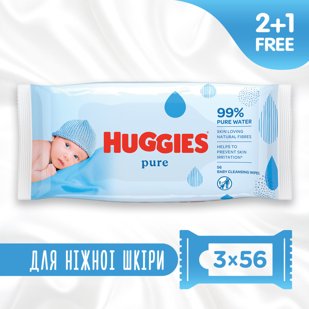 Дитячі вологі серветки Huggies Ultra Comfort Pure 56 х 3 шт (5029053550091)