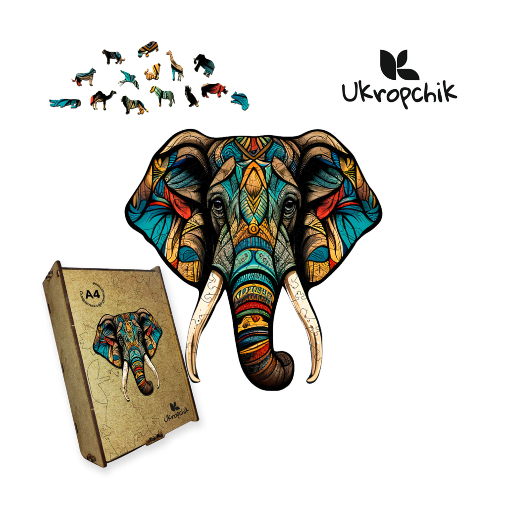 Пазл Ukropchik дерев'яний Тропічний Слон size - M в коробці з набором-рамкою (Tropical Elephant A4)