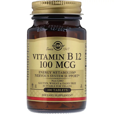 Вітамін Solgar Вітамін В12 (Ціанокобаламін), Vitamin B12, 100 мкг, 100 табл (SOL-03180)