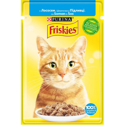 Вологий корм для кішок Purina Friskies шматочки у підливі з лососем 85 г (7613036962230)