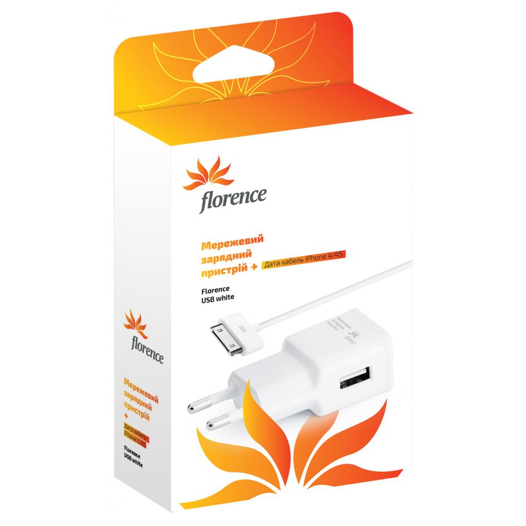 Зарядний пристрій Florence USB, 2A + cable iPhone 4/4S (TC20-IPH4)