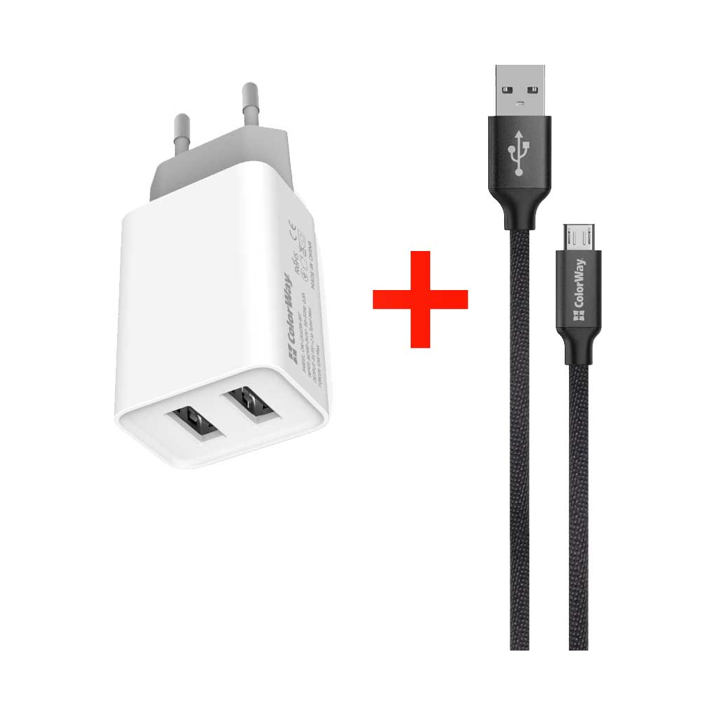 Зарядний пристрій ColorWay 2USB AUTO ID 2.1A (10W) WT + cable microUSB 2.1А 1.0m BK (CW-CHS015-WT-CBU)