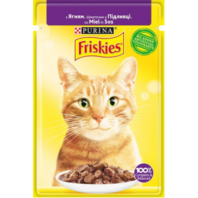 Вологий корм для кішок Purina Friskies шматочки у підливі з ягням 85 г (7613036974431)