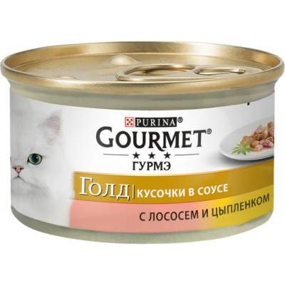 Вологий корм для кішок Purina Gourmet Gold. З лососем і куркою, шматочки в підливі 85г (7613032618674)