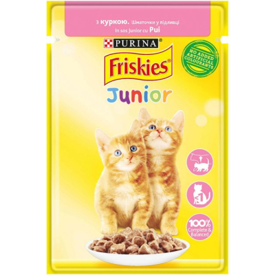 Вологий корм для кішок Purina Friskies Junior шматочки у підливці з куркою 85 г (7613036962292)