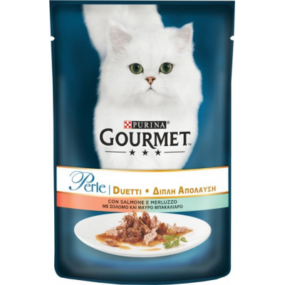 Вологий корм для кішок Purina Gourmet Perle Duo. З лососем та сайдою в підливі 85г (7613033580000)