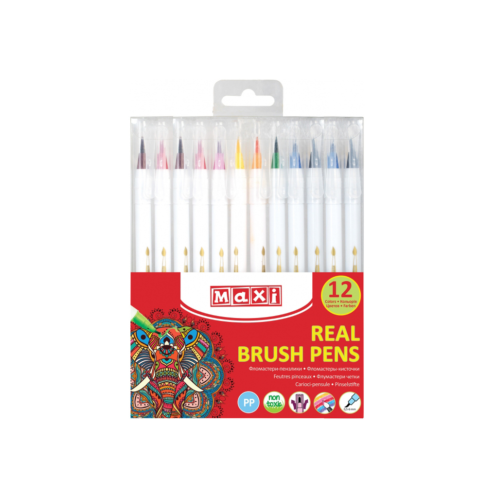 Фломастери Maxi пензлики REAL BRUSH, 12 кольорів, лінія 0,5-6 мм (MX15232)