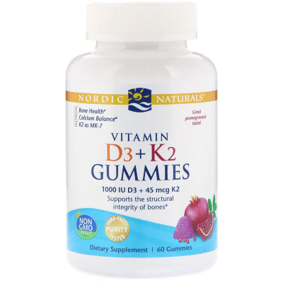 Вітамін Nordic Naturals Жувальні вітаміни D3 + K2, Гранат, Vitamin D3 K2 Gummies, 60 (NOR-31160)