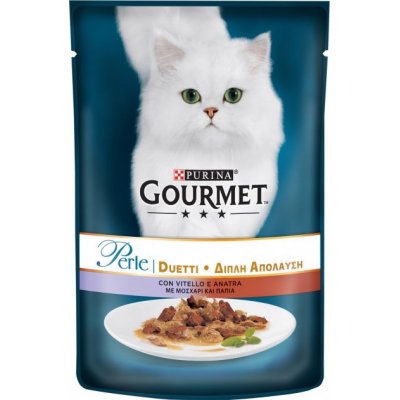 Вологий корм для кішок Purina Gourmet Perle Duo. З телятиною і качкою в підливі 85г (7613033580024)