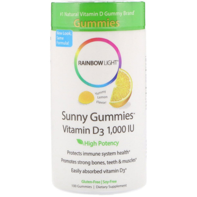 Вітамін Rainbow Light Вітамін D3, смак лимона, Sunny Gummies, 1000 ME, 100 жувальн (RLT-12064)