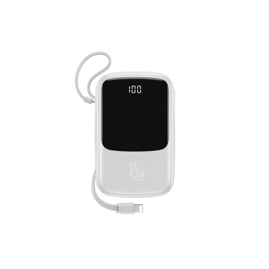 Батарея універсальна Baseus QPow 10000mAh 15W, USB-C, USB-A, out.:3A, with cable to Lightning, white (PPQD-B02)