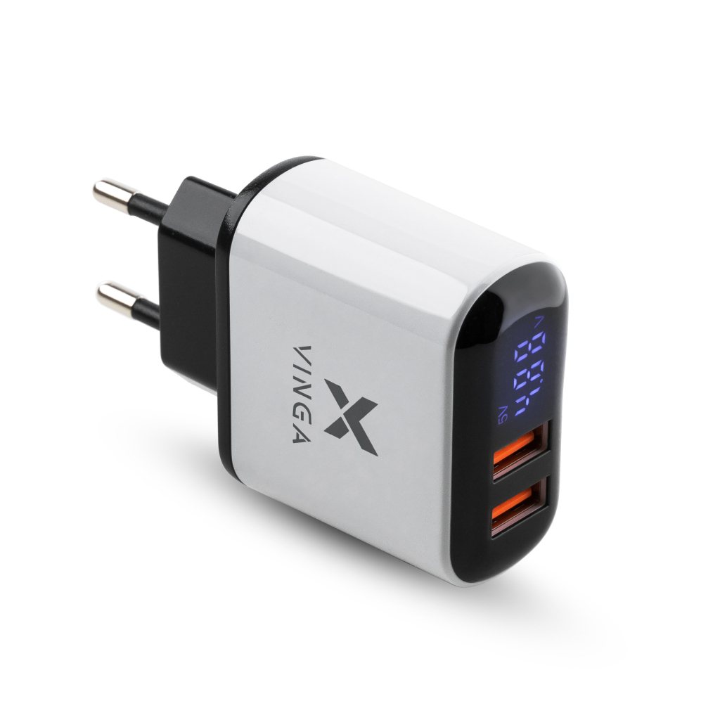 Зарядний пристрій Vinga 2 Port QC3.0 Display Wall Charger (VWCQAADW)