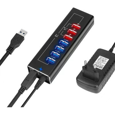 Концентратор Dynamode 4*USB3.0 data ports + 3*2.4А charge with Power Adaptor metal (DM-UH-P407)