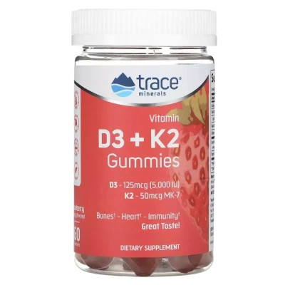 Мультивітамін Trace Minerals Вітамін D3 і K2, смак полуниці, Vitamin D3 + K2 Gummies, 60 жувальних (TMR-00754)