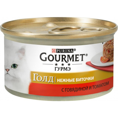 Вологий корм для кішок Purina Gourmet Gold. Ніжні биточки з яловичиною і томатами 85 г (7613035442474)