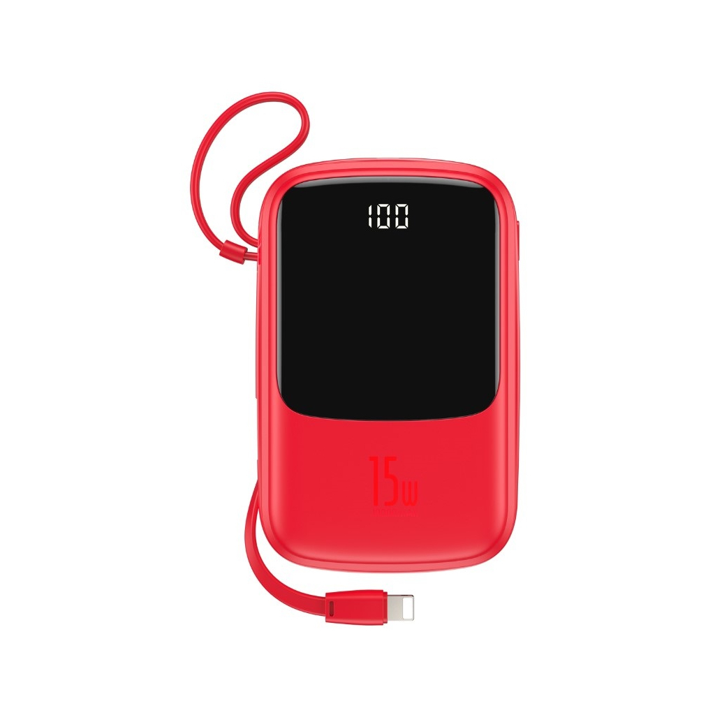 Батарея універсальна Baseus QPow 10000mAh 15W, USB-C, USB-A, out.:3A, with cable to Lightning, red (PPQD-B09)