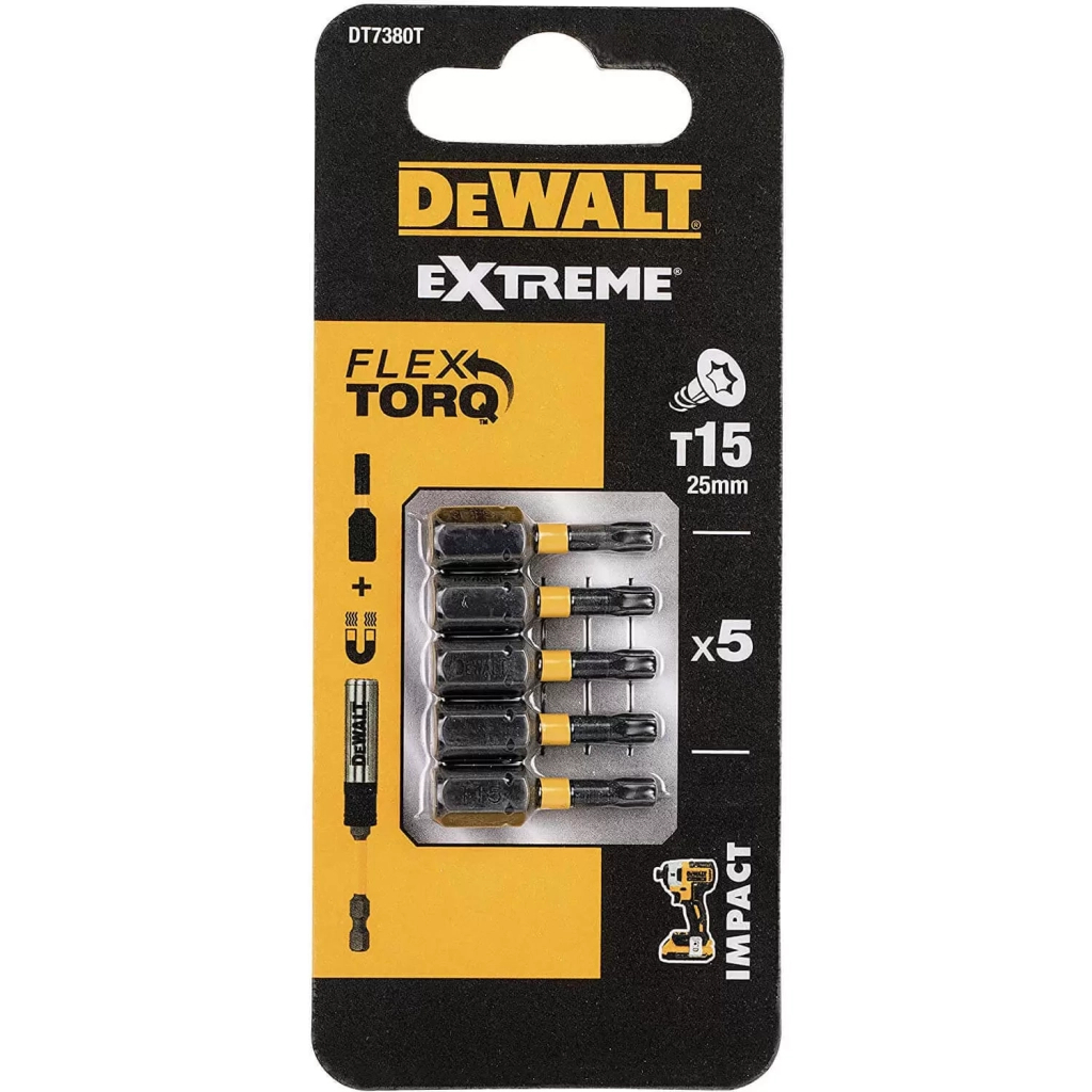 Набір біт DeWALT IMPACT TORSION, ударні, Torx, T15, L=25 мм, 5 шт (DT7380T)