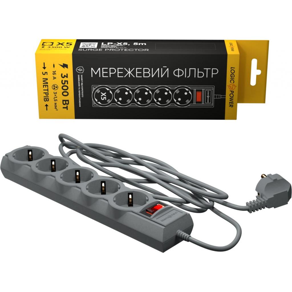 Мережевий фільтр живлення LogicPower LP-X5 PREMIUM, 5m, Grey (9588)