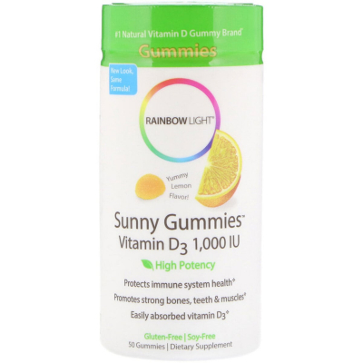 Вітамін Rainbow Light Вітамін D3, смак лимона, Sunny Gummies, 1000 МE, 50 жувальни (RLT-12062)