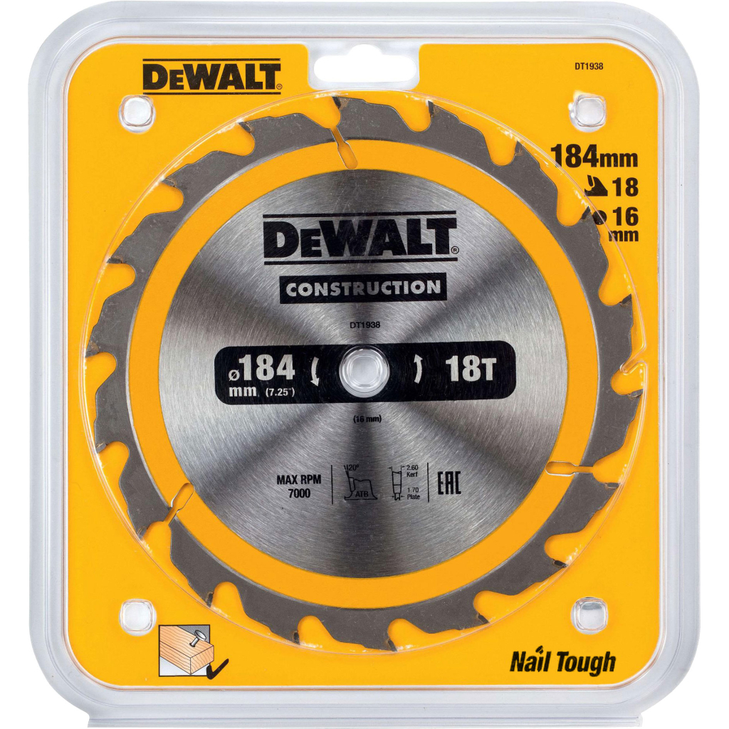 Диск пильний DeWALT СONSTRUCTION, 184 х 16 мм, 18 z, АТВ, 20 градусів (DT1938)