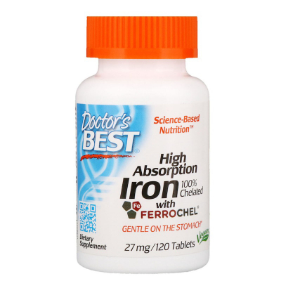 Мінерали Doctor's Best ¶Хелатне залізо, High Absorption Iron, 27 мг, 120 таблеток (DRB-00459)